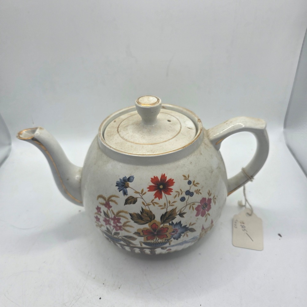 Ellgreave Wood & Sons England Genuine Ironstone Floral Teapot Gold Trim
